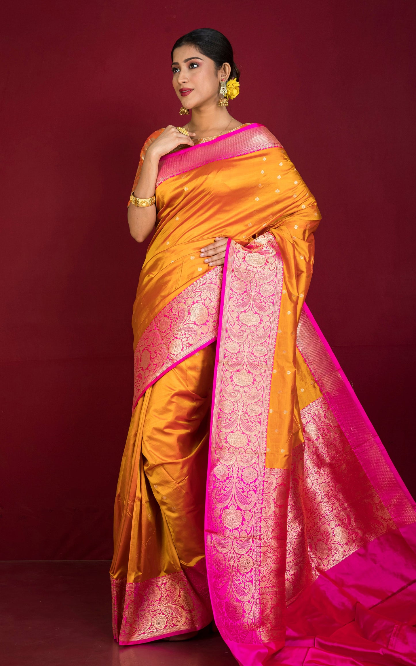 Premium Quality Banarasi Silk Saree in Harvest Golden, Bright Pink and Gold