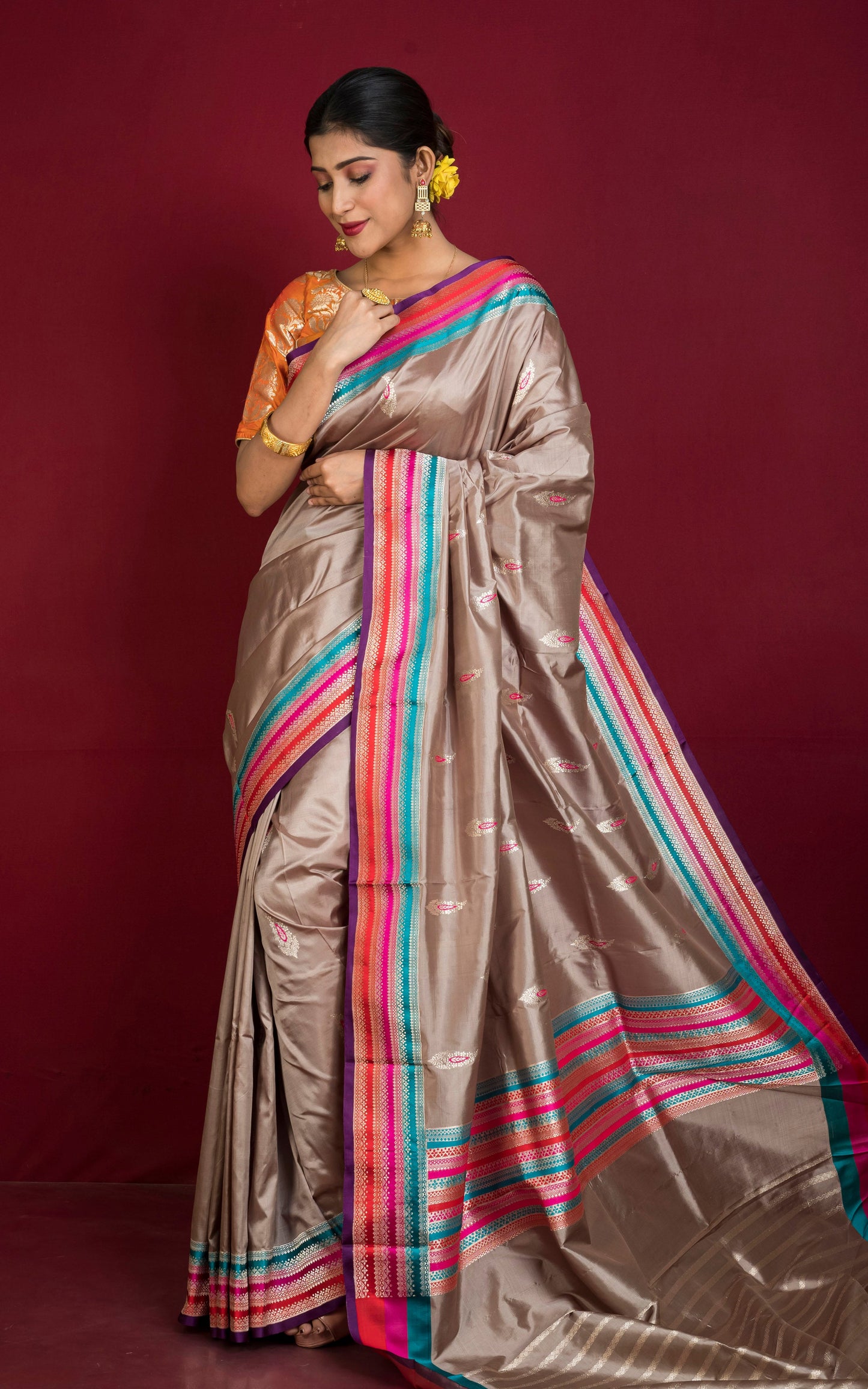 Minakari Work Pure Katan Banarasi Silk Saree in Warm Grey and Multicolored