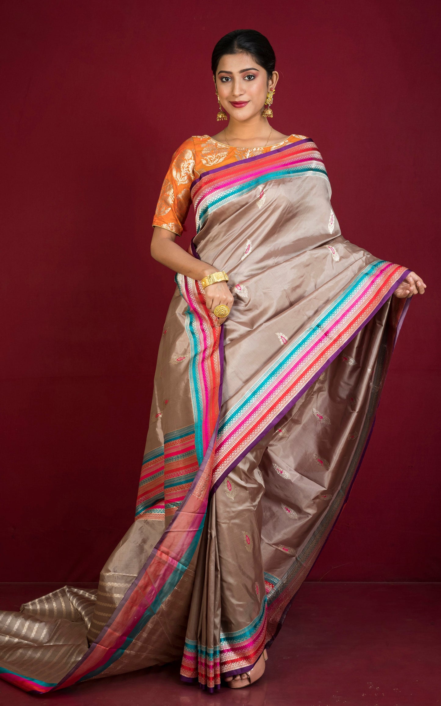 Minakari Work Pure Katan Banarasi Silk Saree in Warm Grey and Multicolored