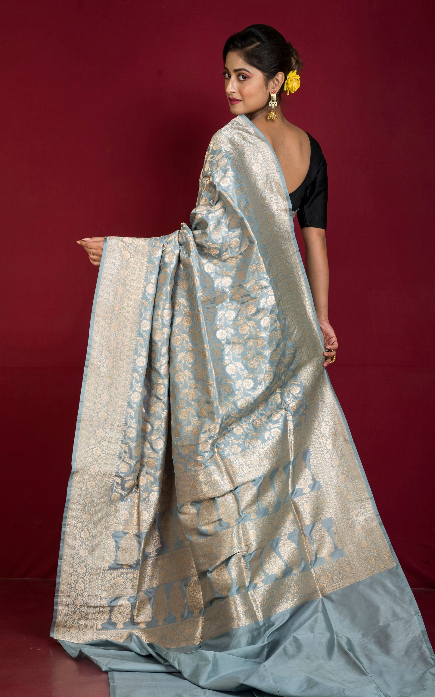 Jangla Jaal Work Pure Katan Banarasi Silk Saree in Ash and Antique Silver