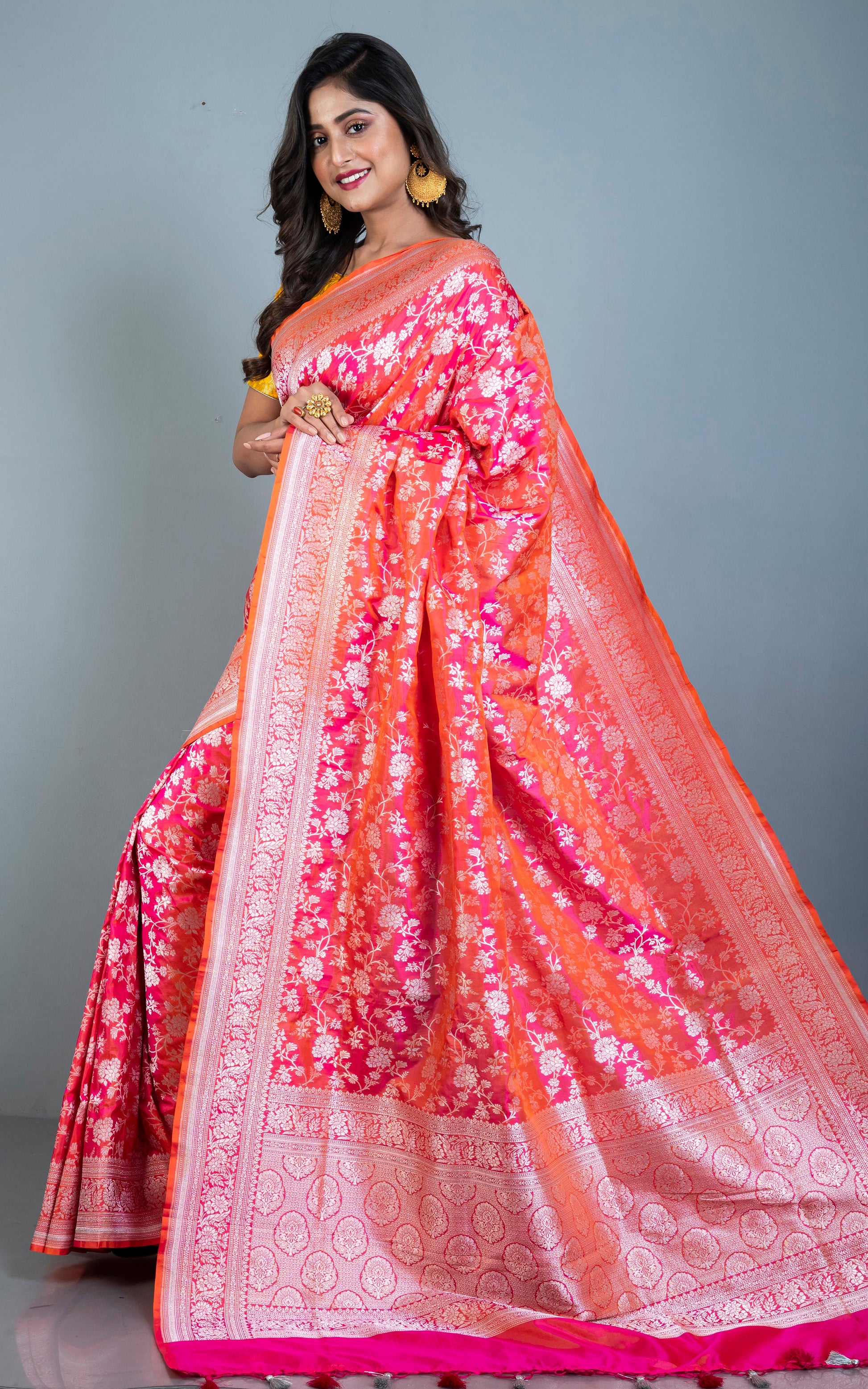 Exclusive Brocade Banarasi Katan Silk Saree in Bright Peach and Water Gold Jangla Jaal Work