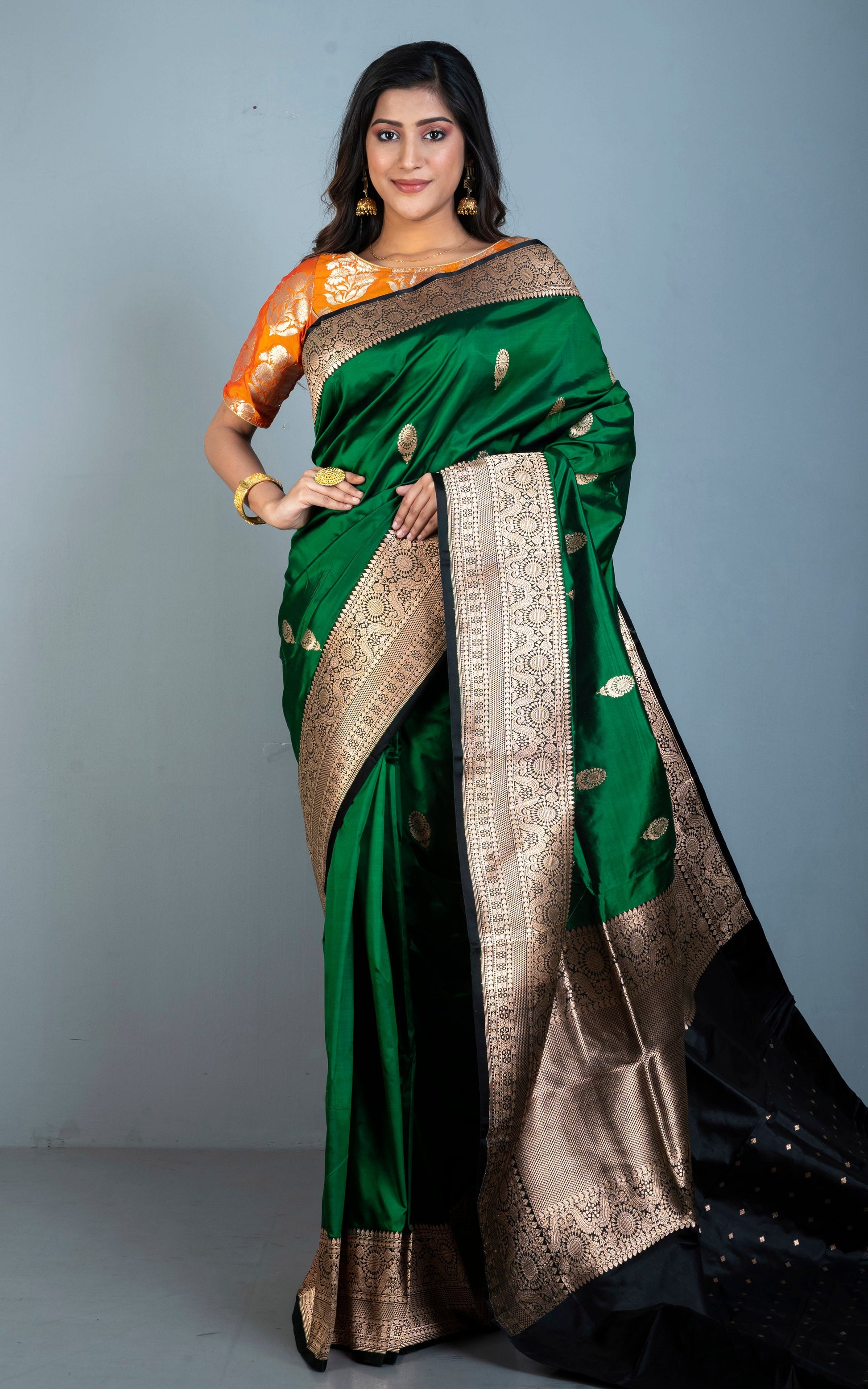 Pure Katan Banarasi Silk Saree in Bottle Green, Black and Antique Gold