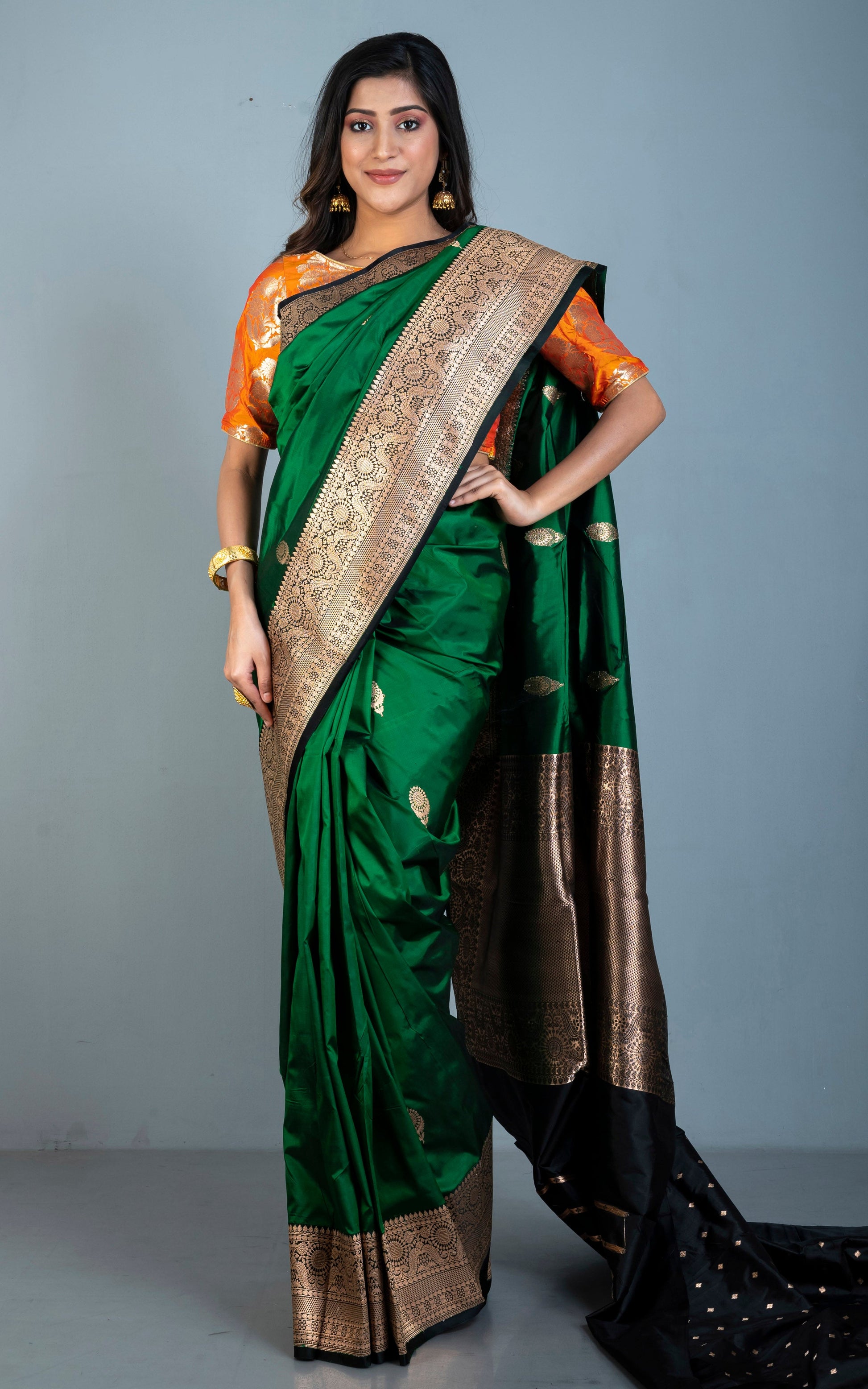 Pure Katan Banarasi Silk Saree in Bottle Green, Black and Antique Gold