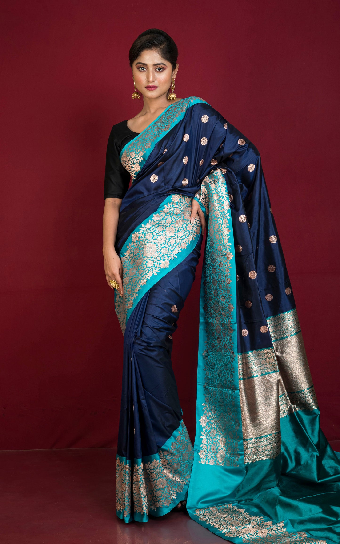 Pure Katan Banarasi Silk Saree in Ink Blue, Teal and Antique Gold