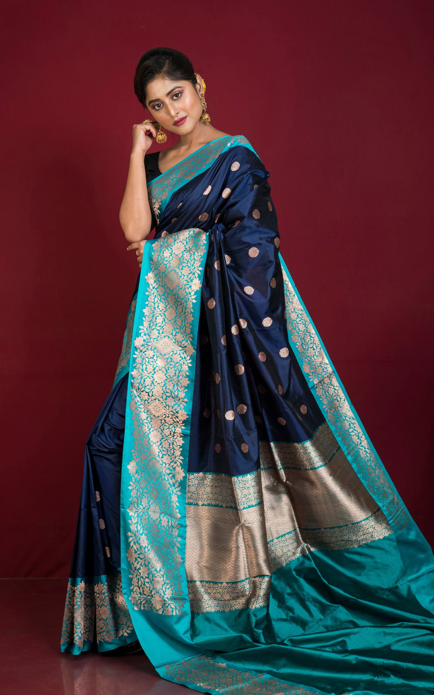 Pure Katan Banarasi Silk Saree in Ink Blue, Teal and Antique Gold