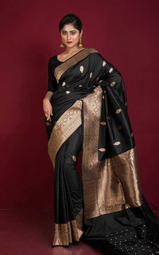 Pure Katan Banarasi Silk Saree in Black and Antique Gold