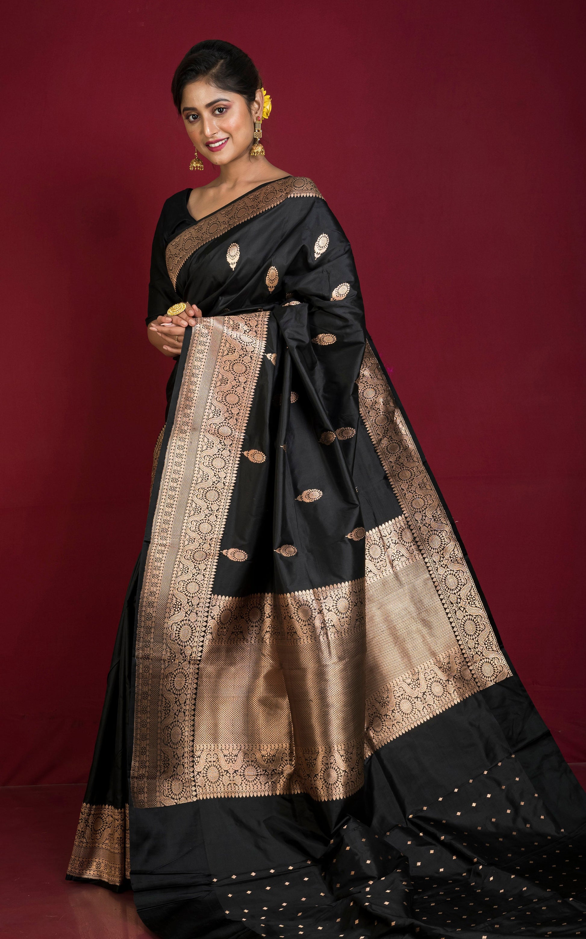 Pure Katan Banarasi Silk Saree in Black and Antique Gold