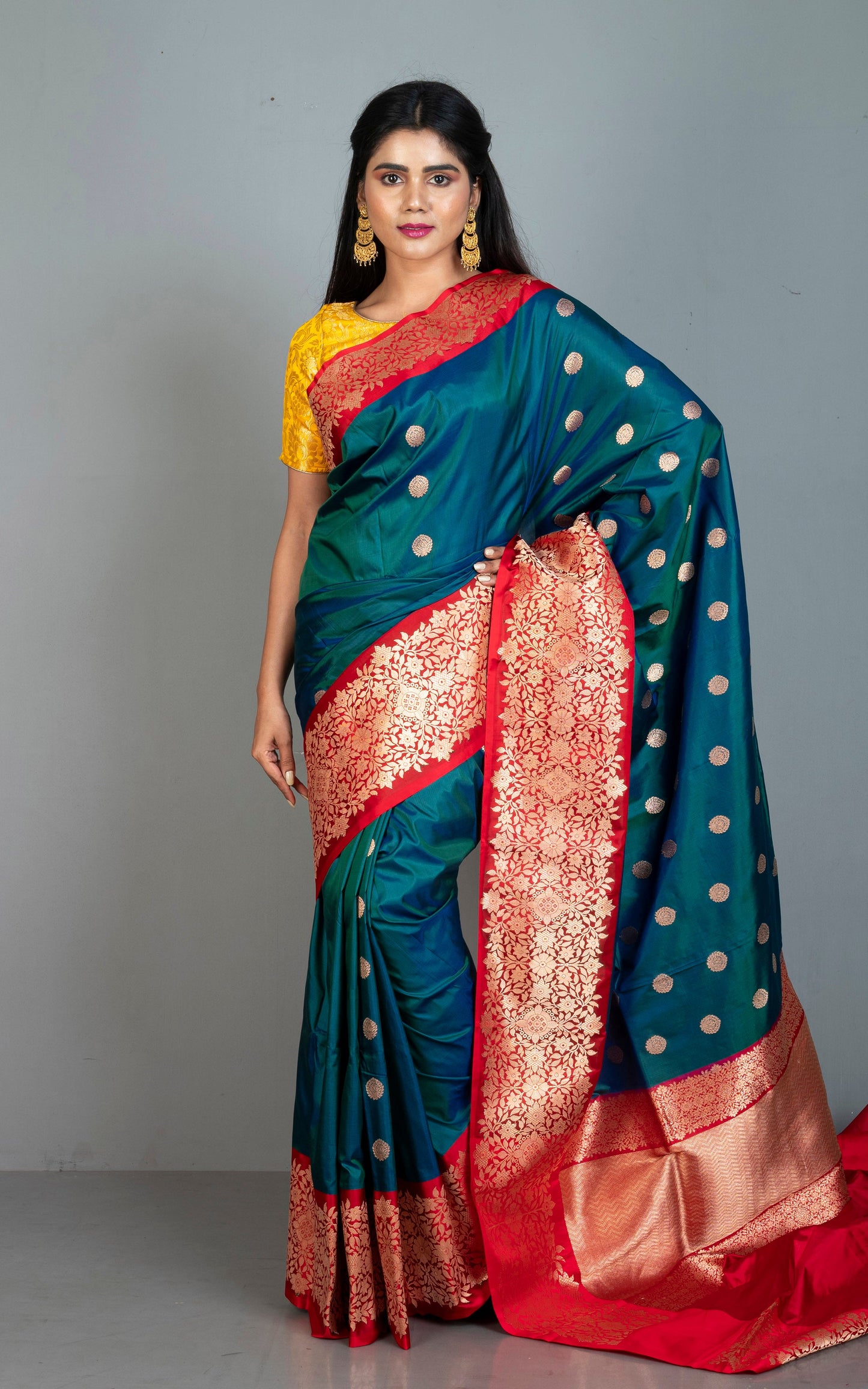 Pure Katan Banarasi Silk Saree in Dark Rama Green, Red and Antique Gold