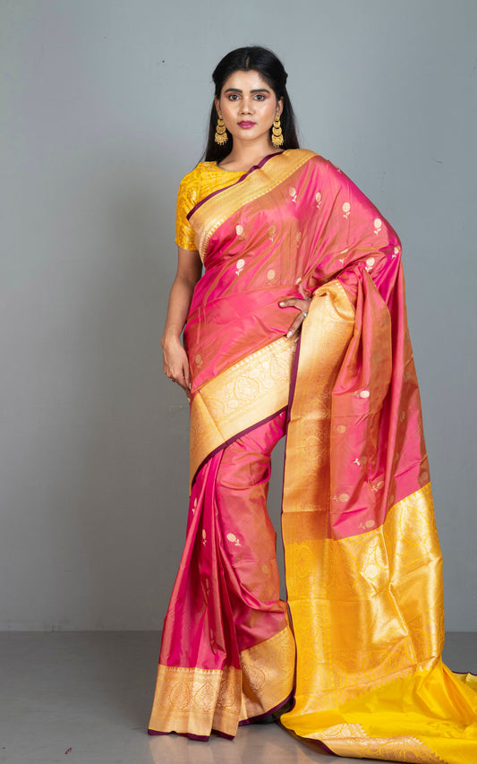 Pure Katan Banarasi Silk Saree in Red Sandalwood, Bright Yellow, Dark Brown and Antique Gold