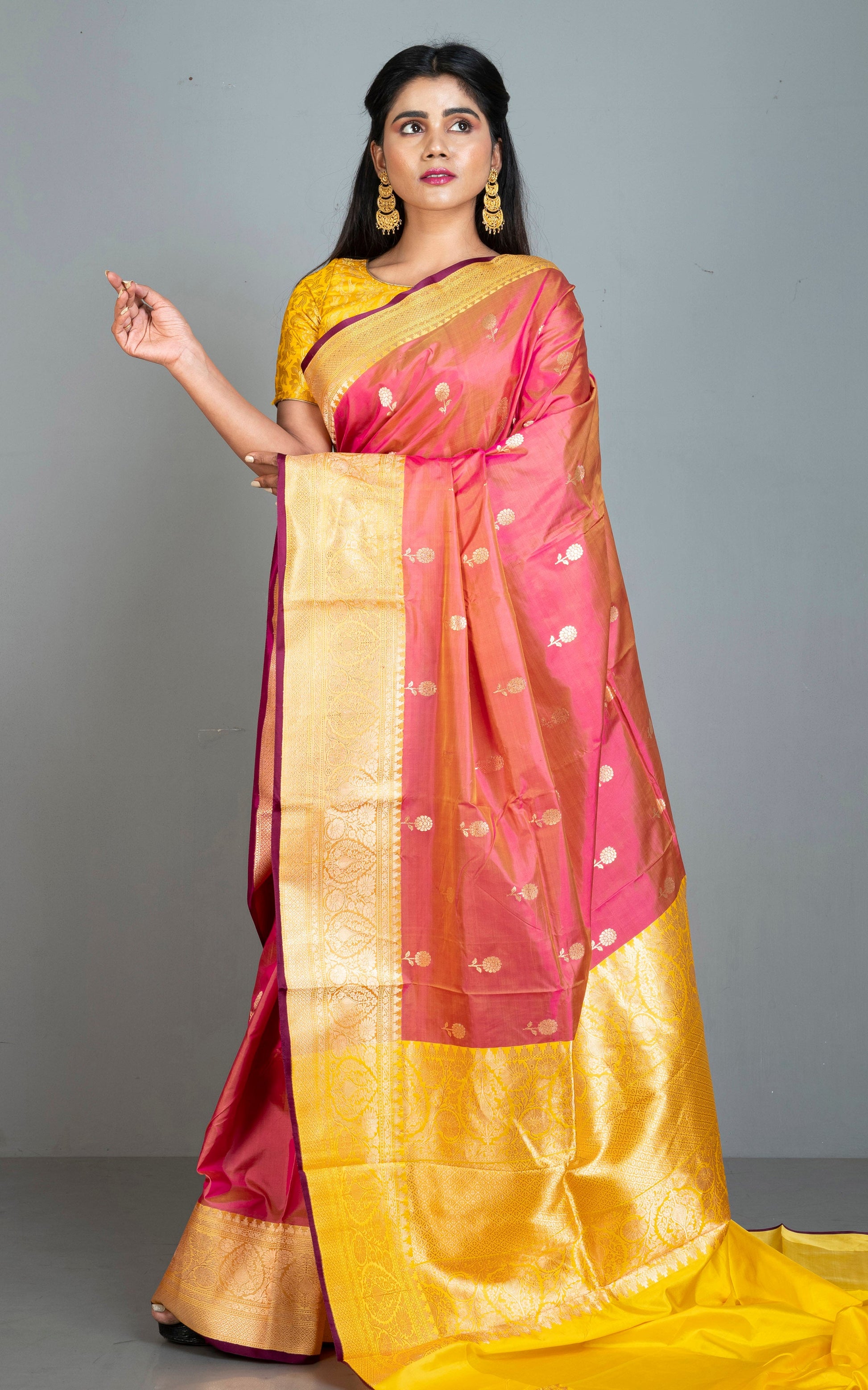 Pure Katan Banarasi Silk Saree in Red Sandalwood, Bright Yellow, Dark Brown and Antique Gold