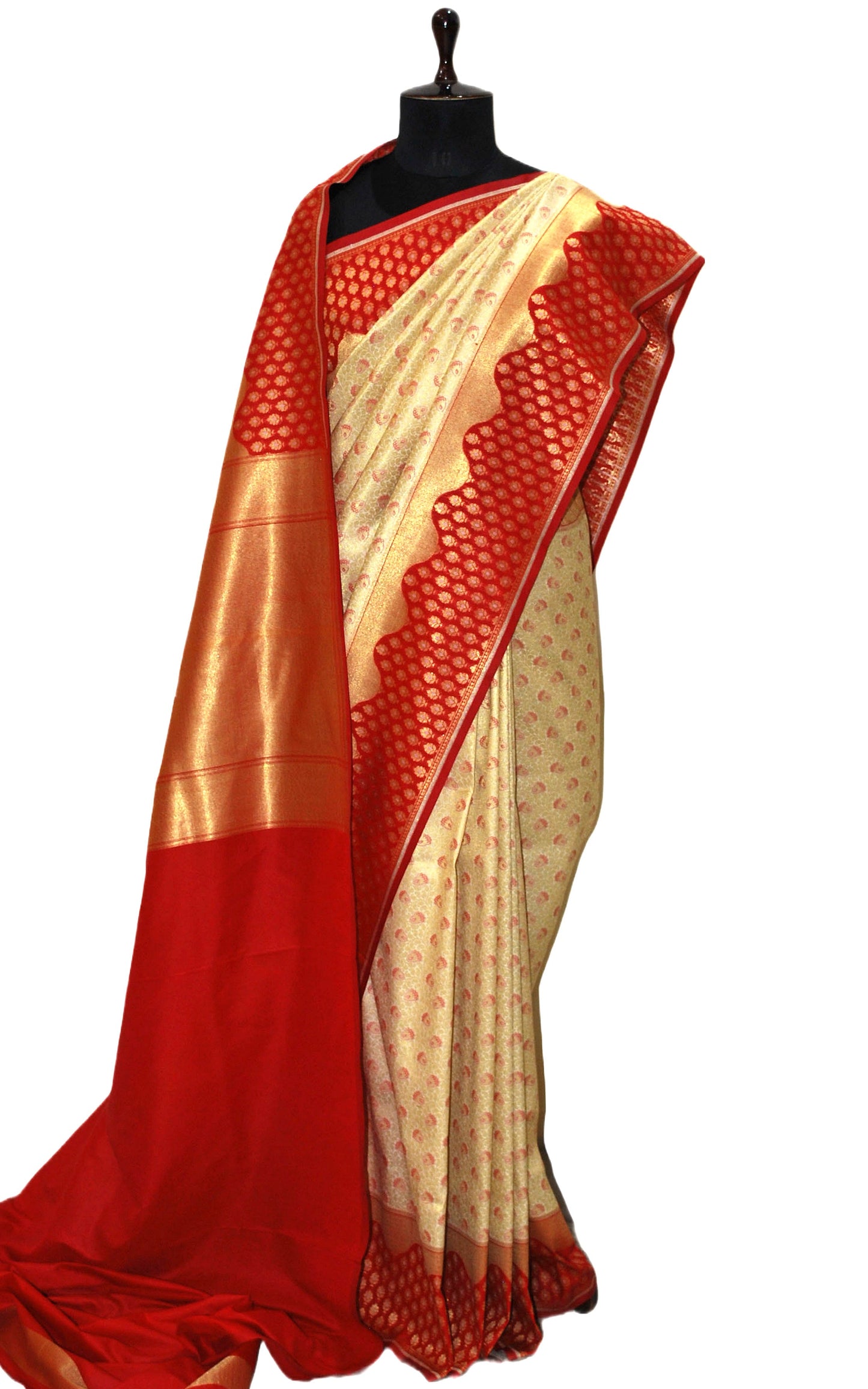 Tanchui Brocade Work Katan Silk Saree in Cream, Brush Gold and Chili Red