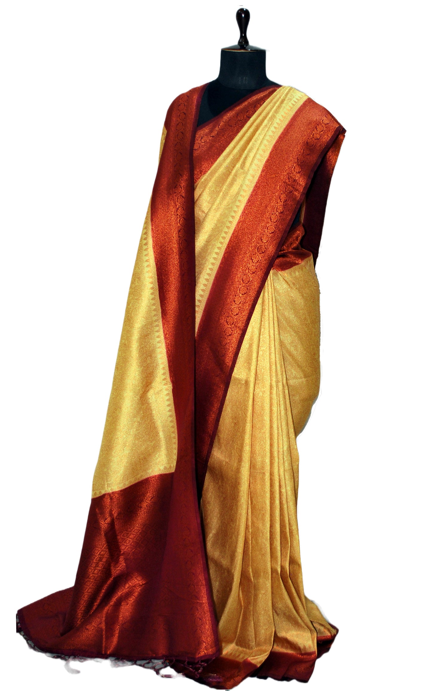 Tanchui Brocade Work Katan Silk Saree in Parmesan, Mahogany Red and Antique Gold Zari Work