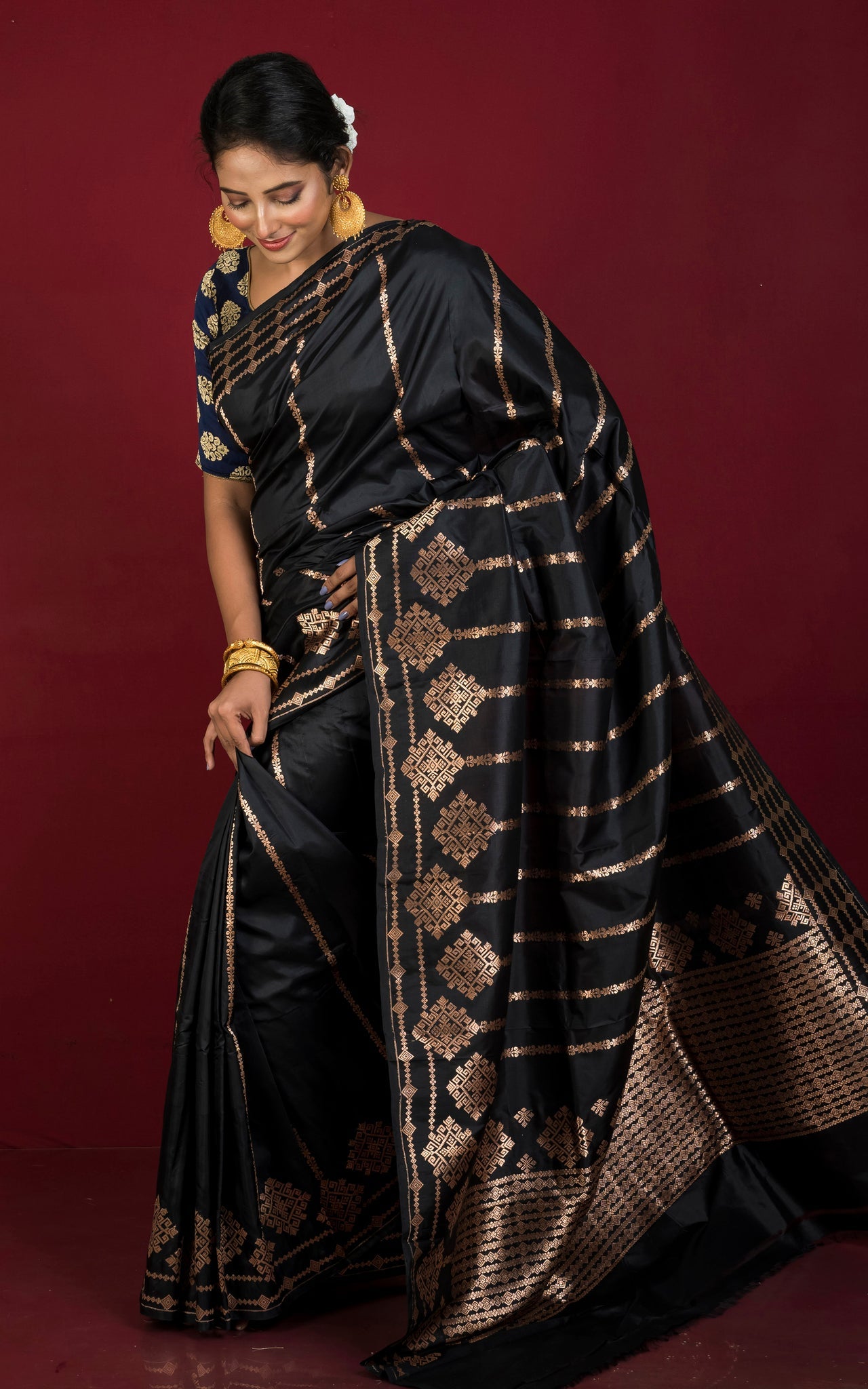 Pure Katan Banarasi Silk Saree in Onyx Black and Antique Gold