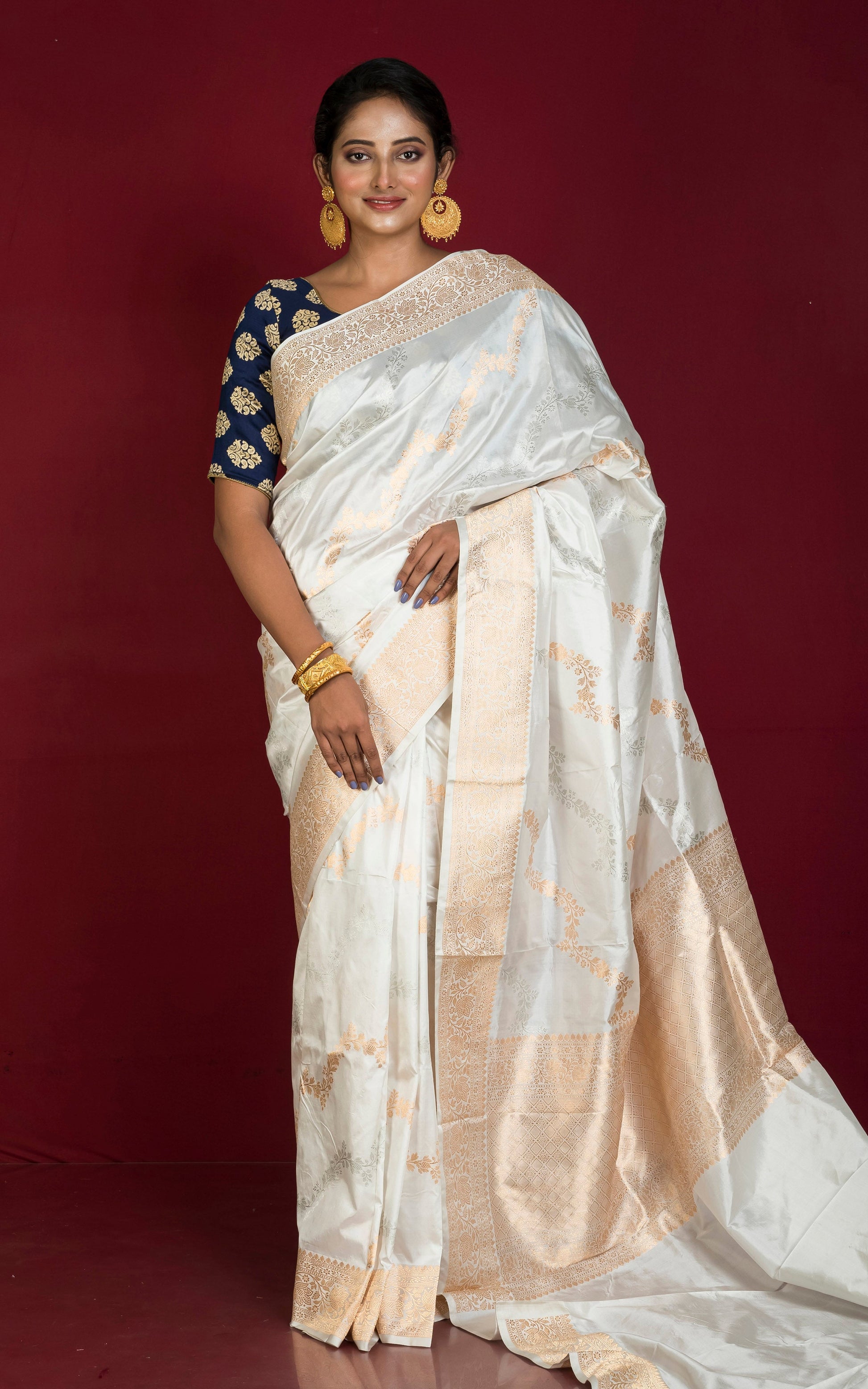 Designer Floral Aara Nakshi Katan Banrasi Silk Saree in Pearl White with Antique Golden & Silver Woven Zari Work