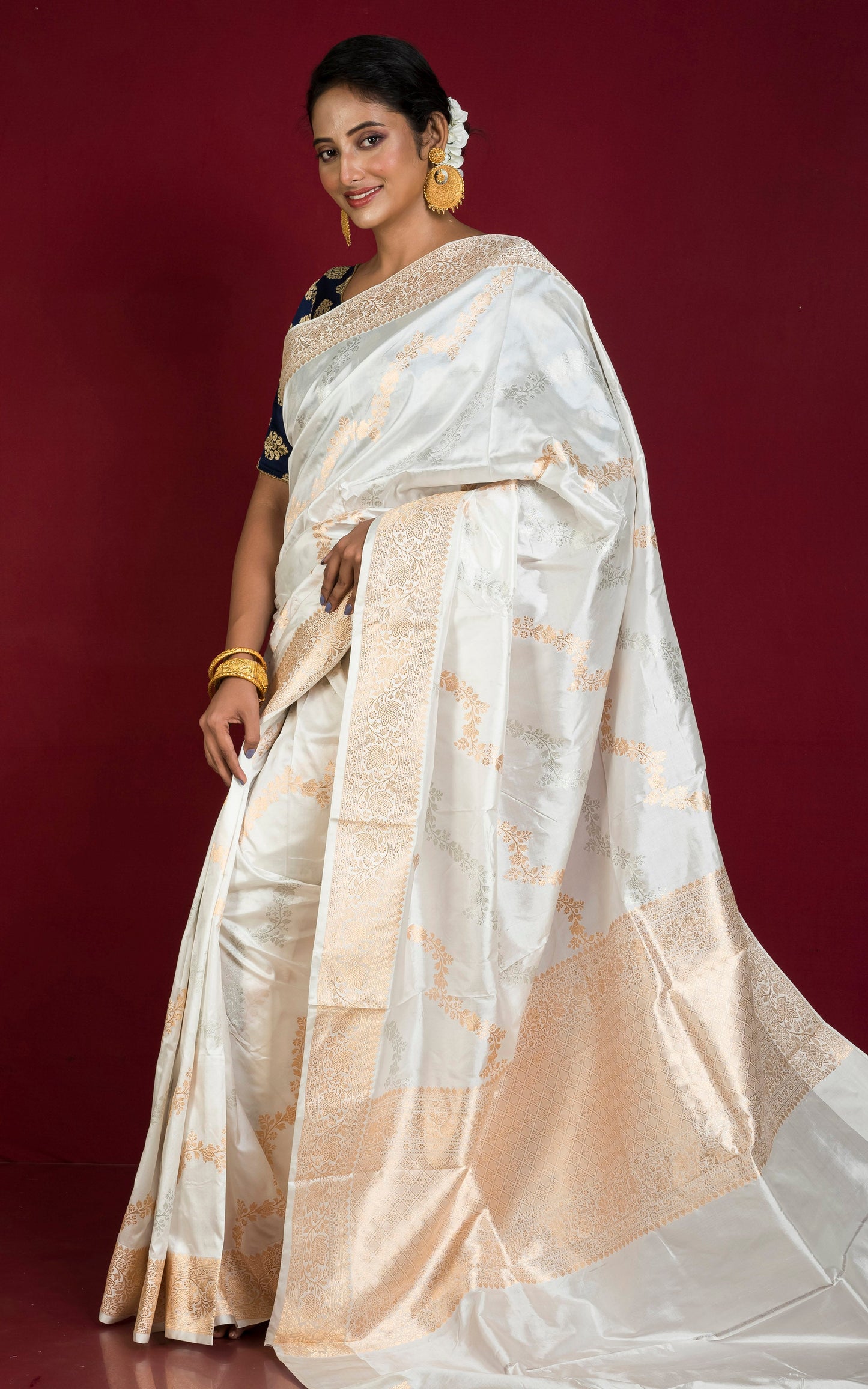 Designer Floral Aara Nakshi Katan Banrasi Silk Saree in Pearl White with Antique Golden & Silver Woven Zari Work