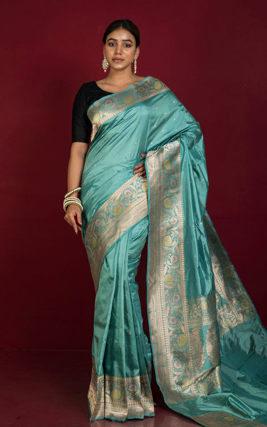 Self Woven Minakari Work Pure Katan Banarasi Silk Saree in Teal Green, Pistacho Green and Antique Golden