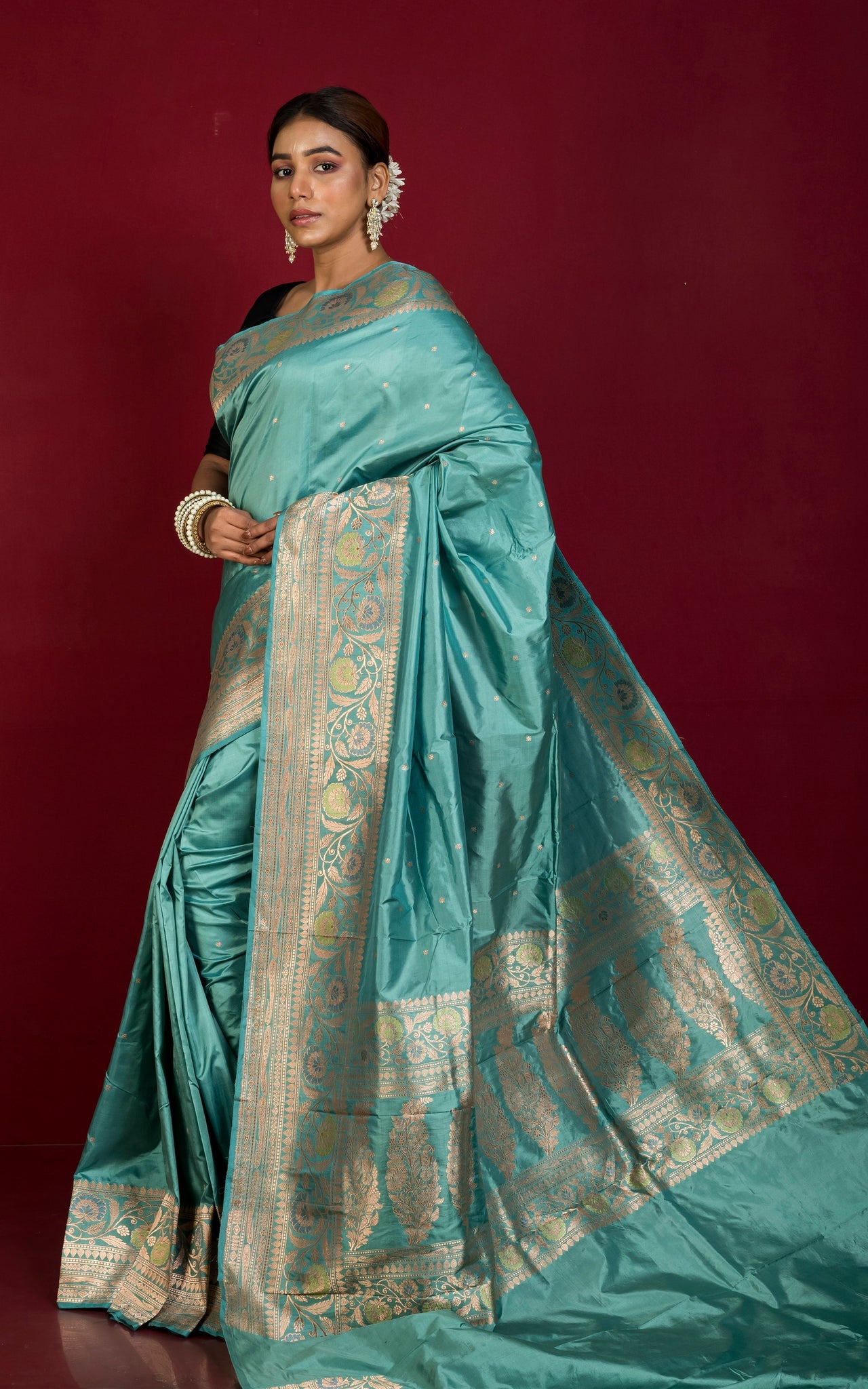 Self Woven Minakari Work Pure Katan Banarasi Silk Saree in Teal Green, Pistacho Green and Antique Golden