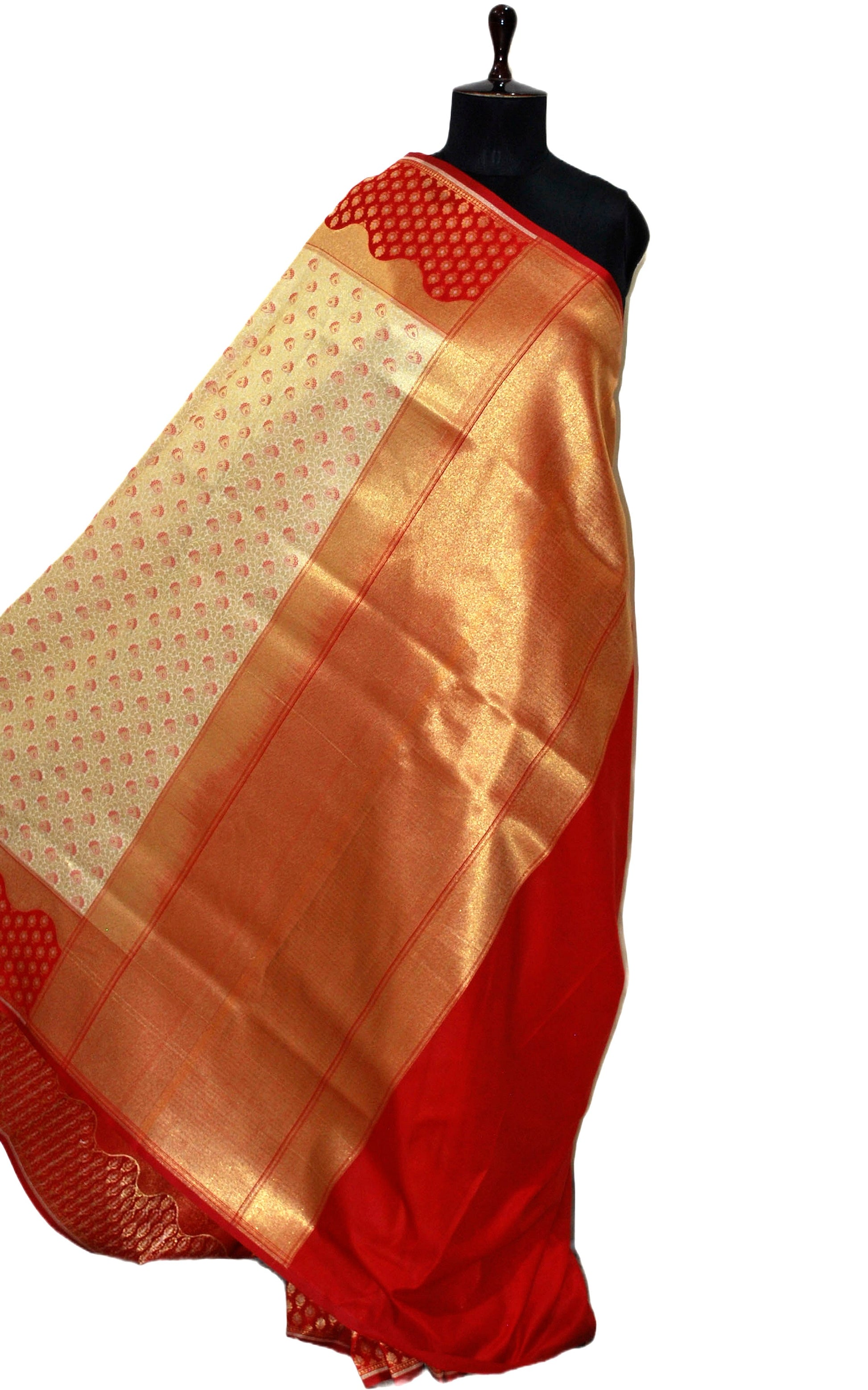 Tanchui Brocade Work Katan Silk Saree in Cream, Brush Gold and Chili Red