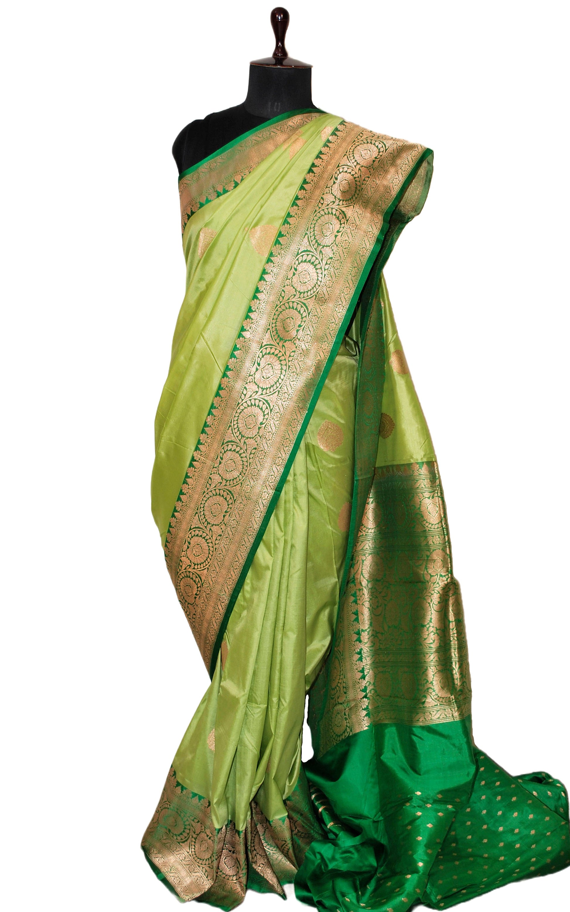 Pure Katan Banarasi Silk Saree in Crayola Yellow Green, Dark Green and Antique Gold