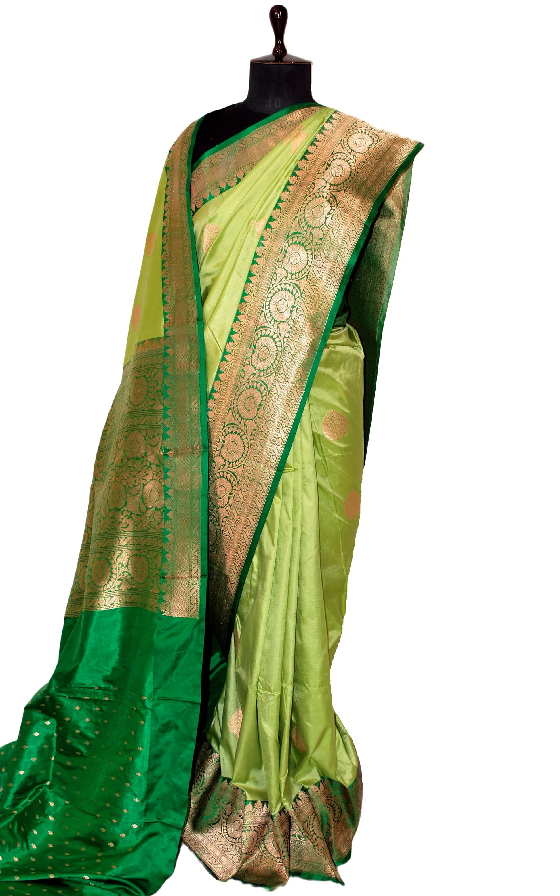 Pure Katan Banarasi Silk Saree in Crayola Yellow Green, Dark Green and Antique Gold