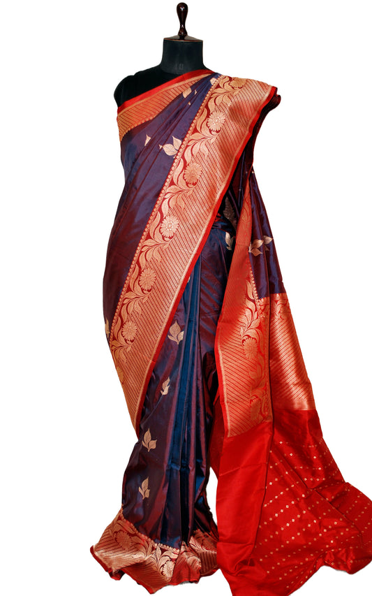 Pure Katan Banarasi Silk Saree in Byzantium Purple and Red