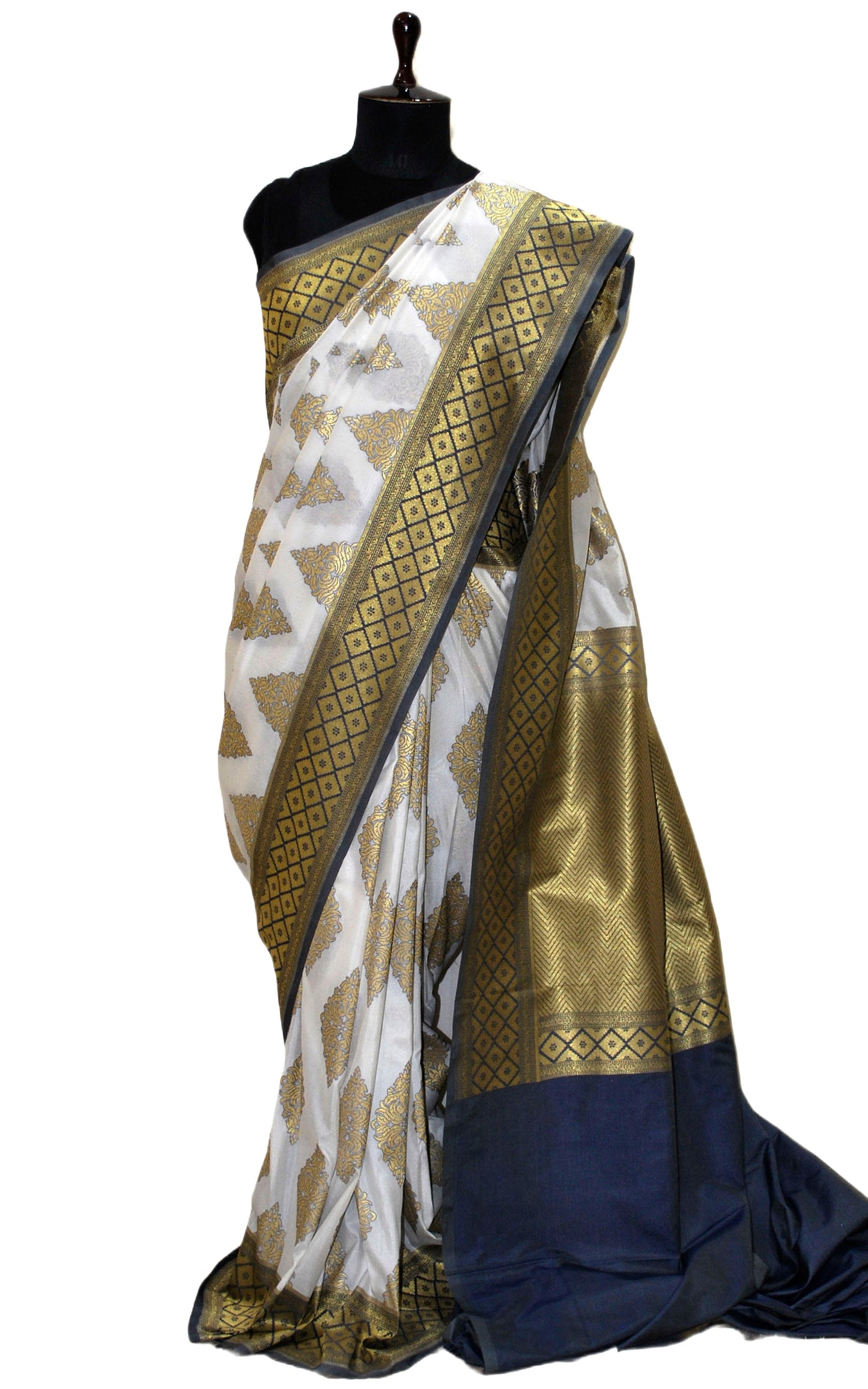 Traditional Opada Katan Silk Saree in White, Muted Gold and Porpoise Grey