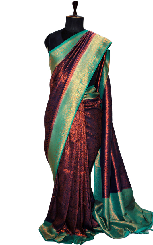 Tanchui Brocade Work Katan Silk Saree in Indigo Blue, Seafoam Green and Antique Gold Zari Work