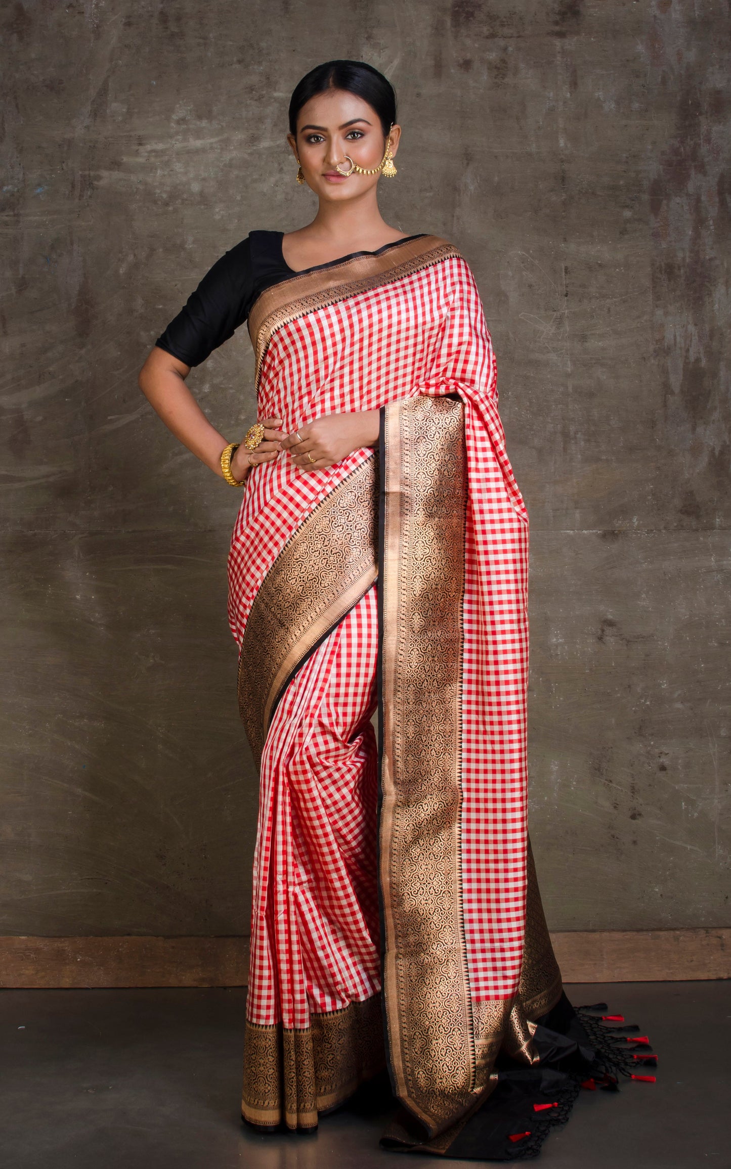 Designer Micro Checks Katan Banarasi Silk Saree in Red, Off White and Black