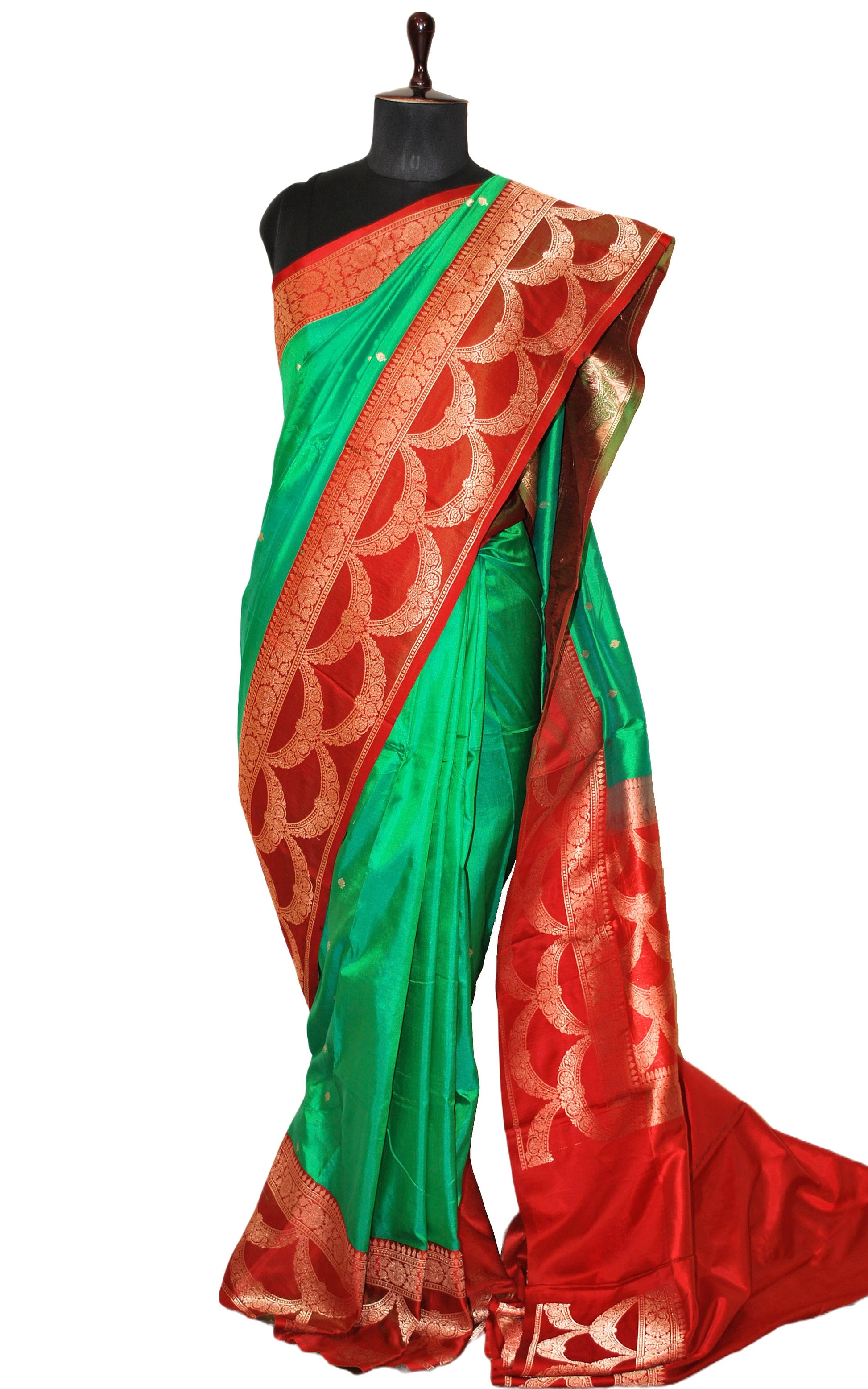 Pure Katan Banarasi Silk Saree in Emerald Green and Red