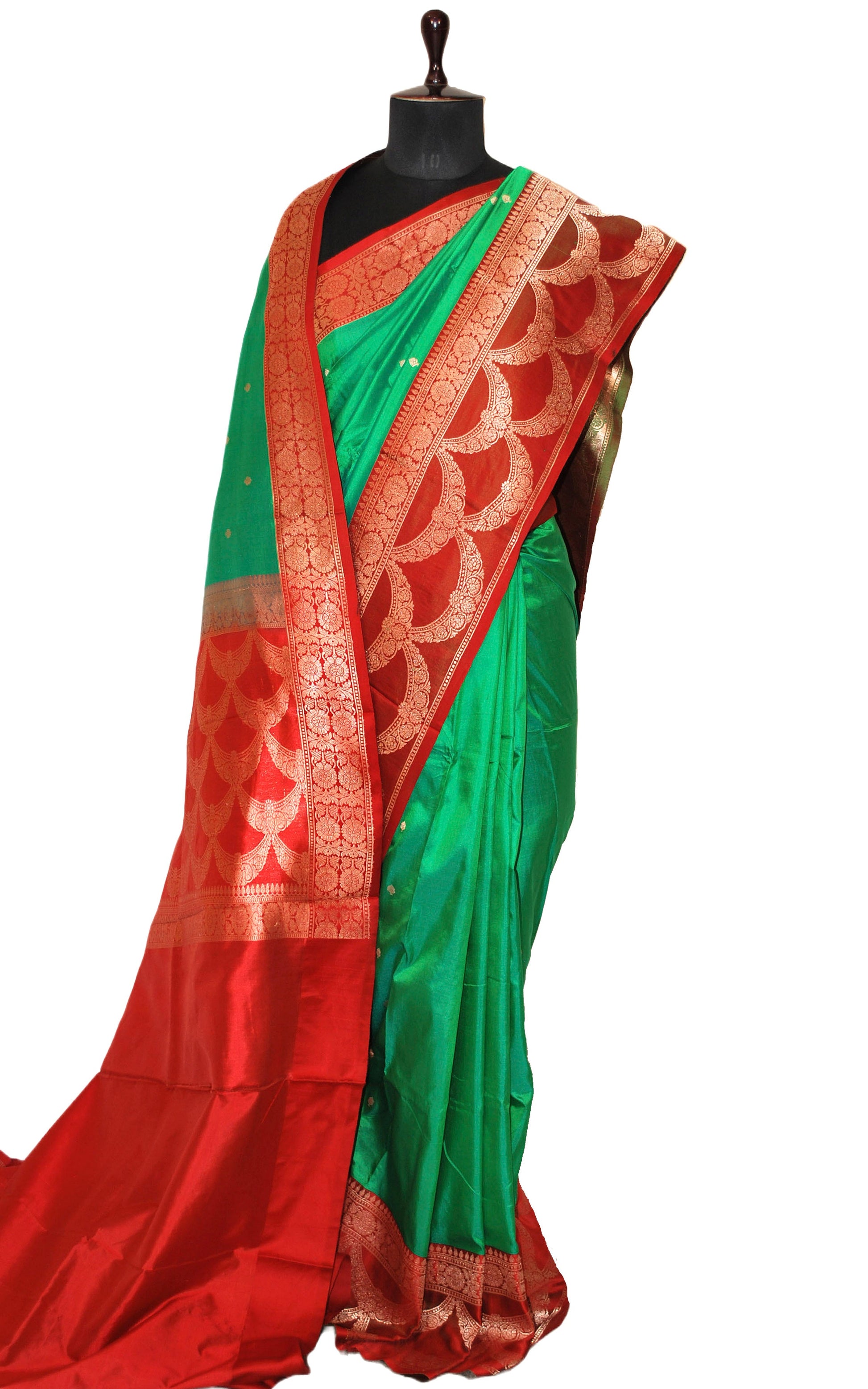 Pure Katan Banarasi Silk Saree in Emerald Green and Red