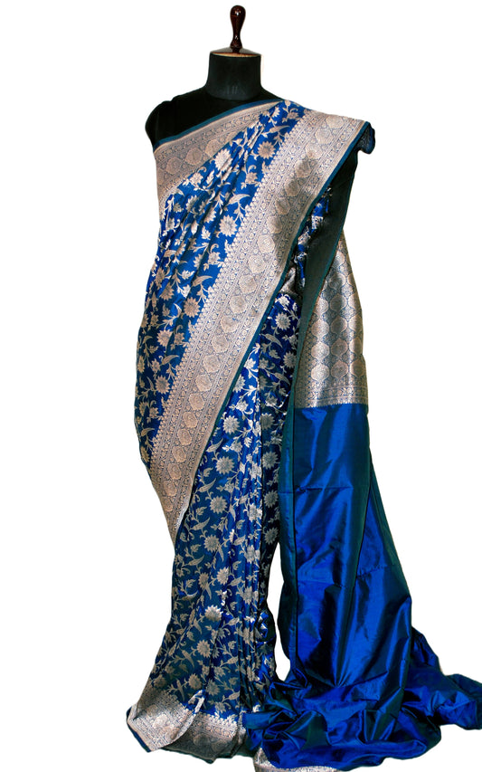 Jangla Jaal Work Pure Opada Katan Banarasi Silk Saree in Dodger Blue and Antique Silver