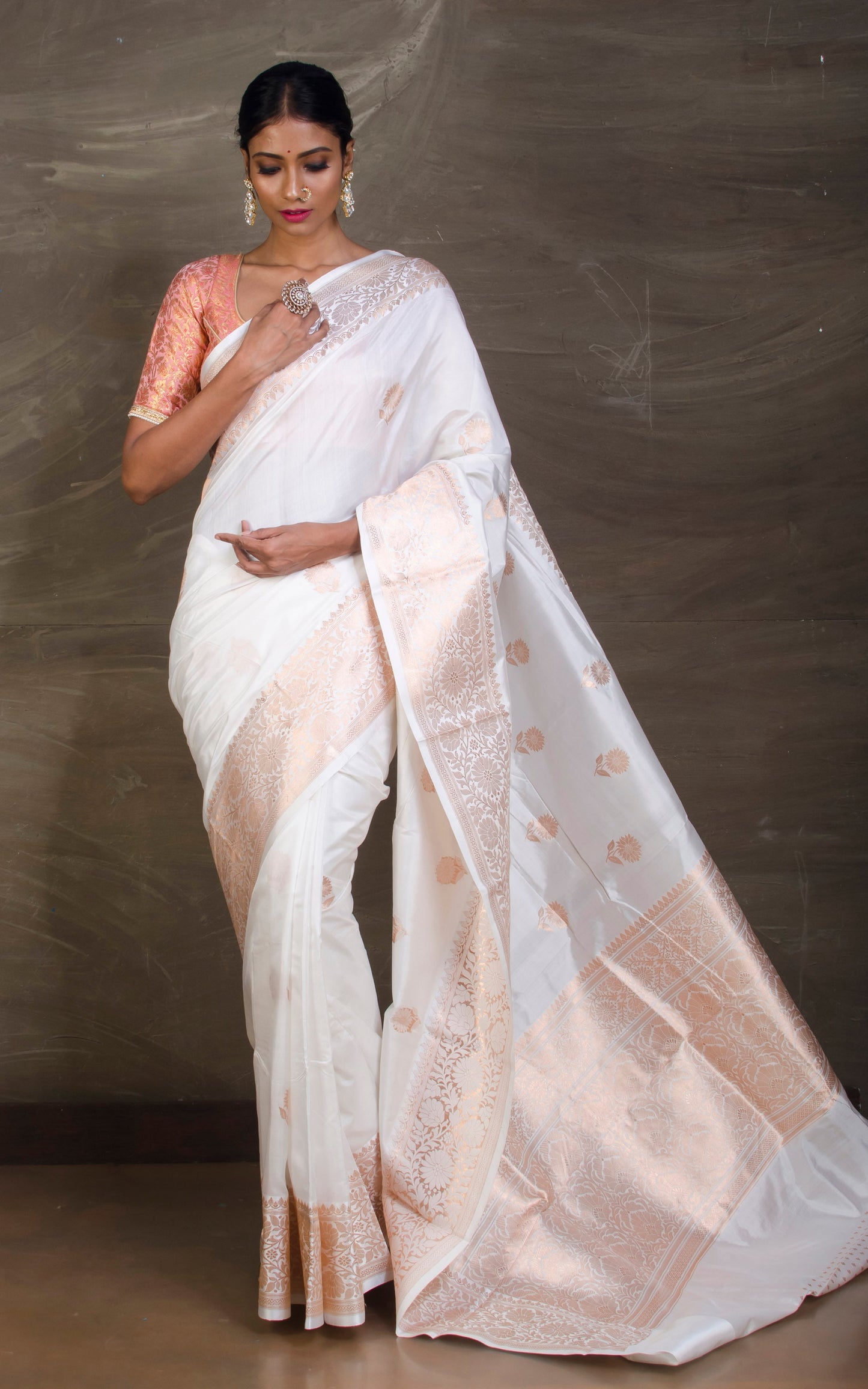 Pure Katan Banarasi Silk Saree in White and Antique Gold