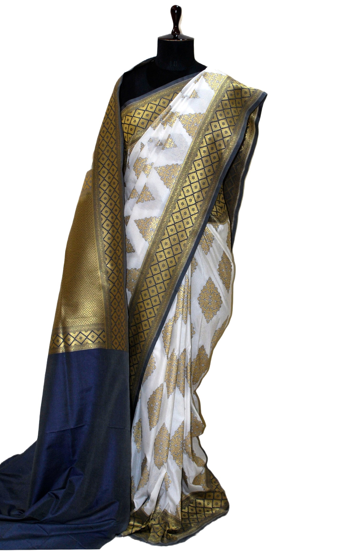 Traditional Opada Katan Silk Saree in White, Muted Gold and Porpoise Grey