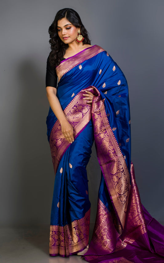 Pure Katan Banarasi Silk Saree in Admiral Blue and Purplish Magenta