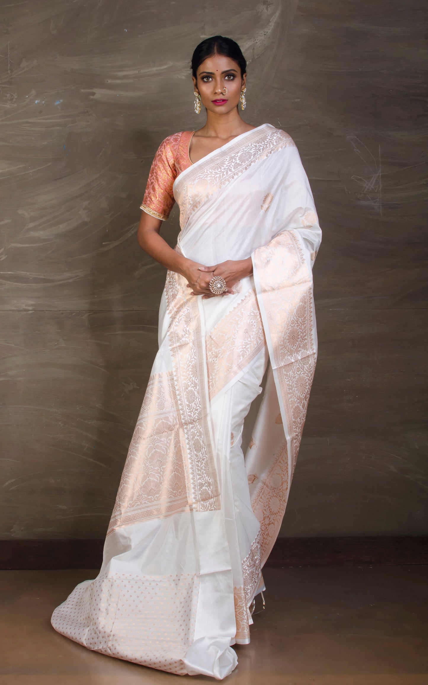 Pure Katan Banarasi Silk Saree in White and Antique Gold