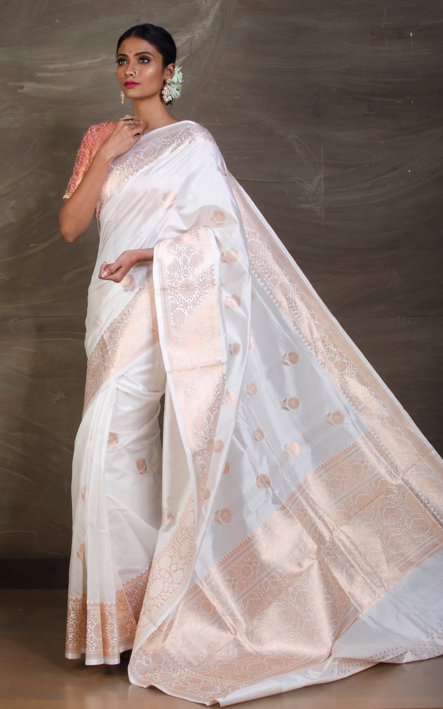 Pure Katan Banarasi Silk Saree in White and Antique Gold