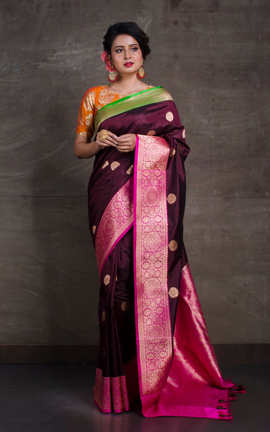 Premium Quality Katan Banarasi Silk Saree in Dark Wine, Hot Pink and Kelly Green