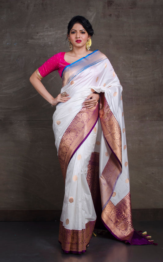 Premium Quality Katan Banarasi Silk Saree in Pearl White, Azure Blue and Eggplant