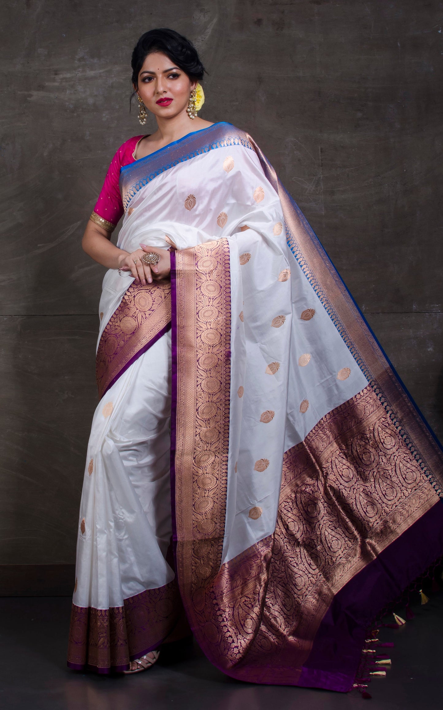 Premium Quality Katan Banarasi Silk Saree in Pearl White, Azure Blue and Eggplant