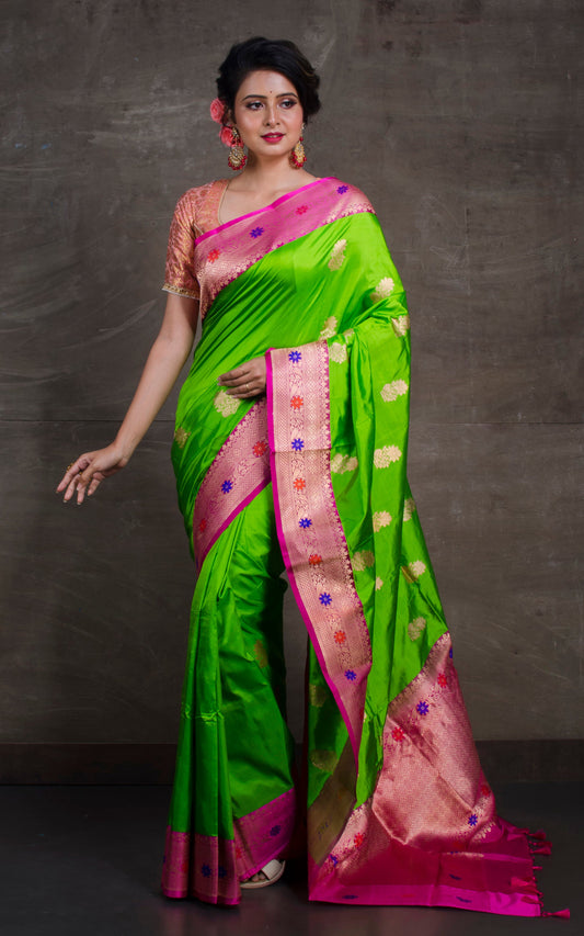 Tilfi Minakari Work Banarasi Silk Saree in Lime Green and Deep Pink