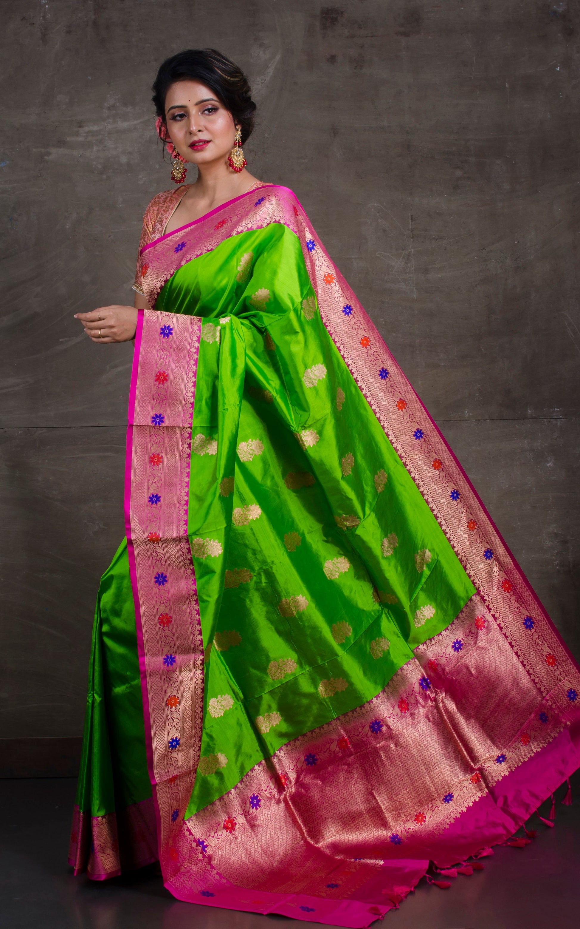 Tilfi Minakari Work Banarasi Silk Saree in Lime Green and Deep Pink