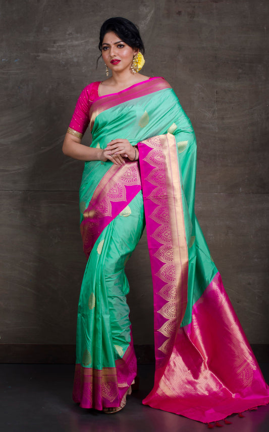 Pure Katan Banarasi Silk Saree in Sea Green and Fuscia