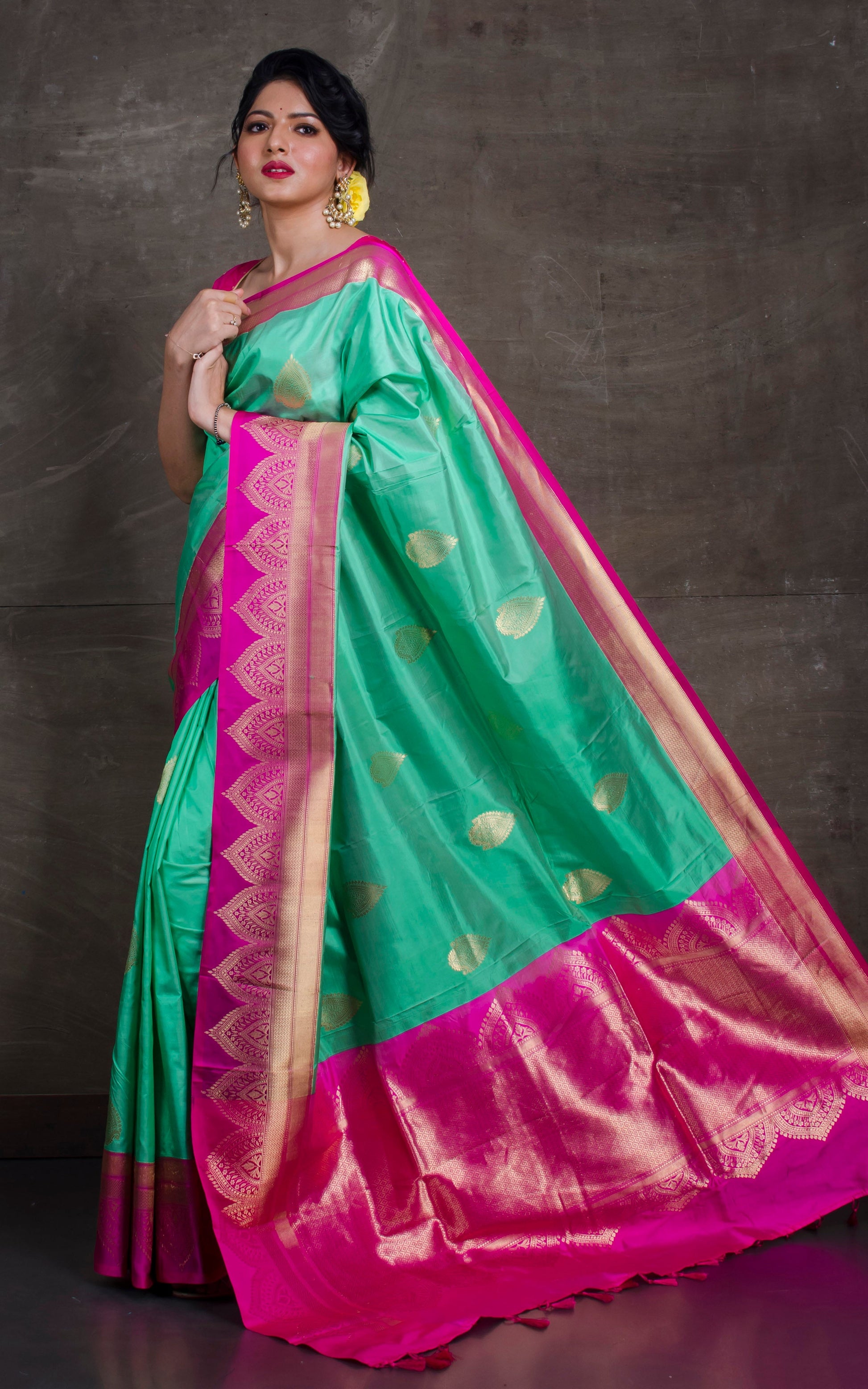 Pure Katan Banarasi Silk Saree in Sea Green and Fuscia