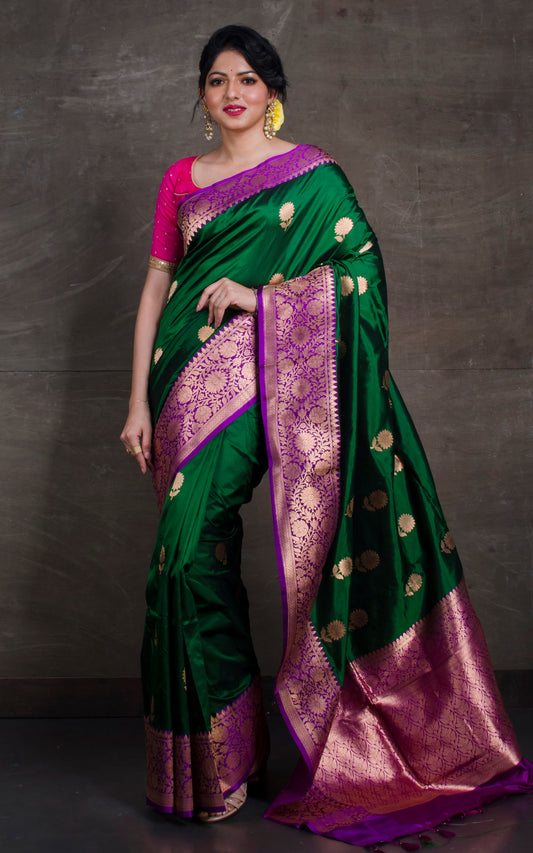 Pure Katan Banarasi Silk Saree in Pine Green and Purple