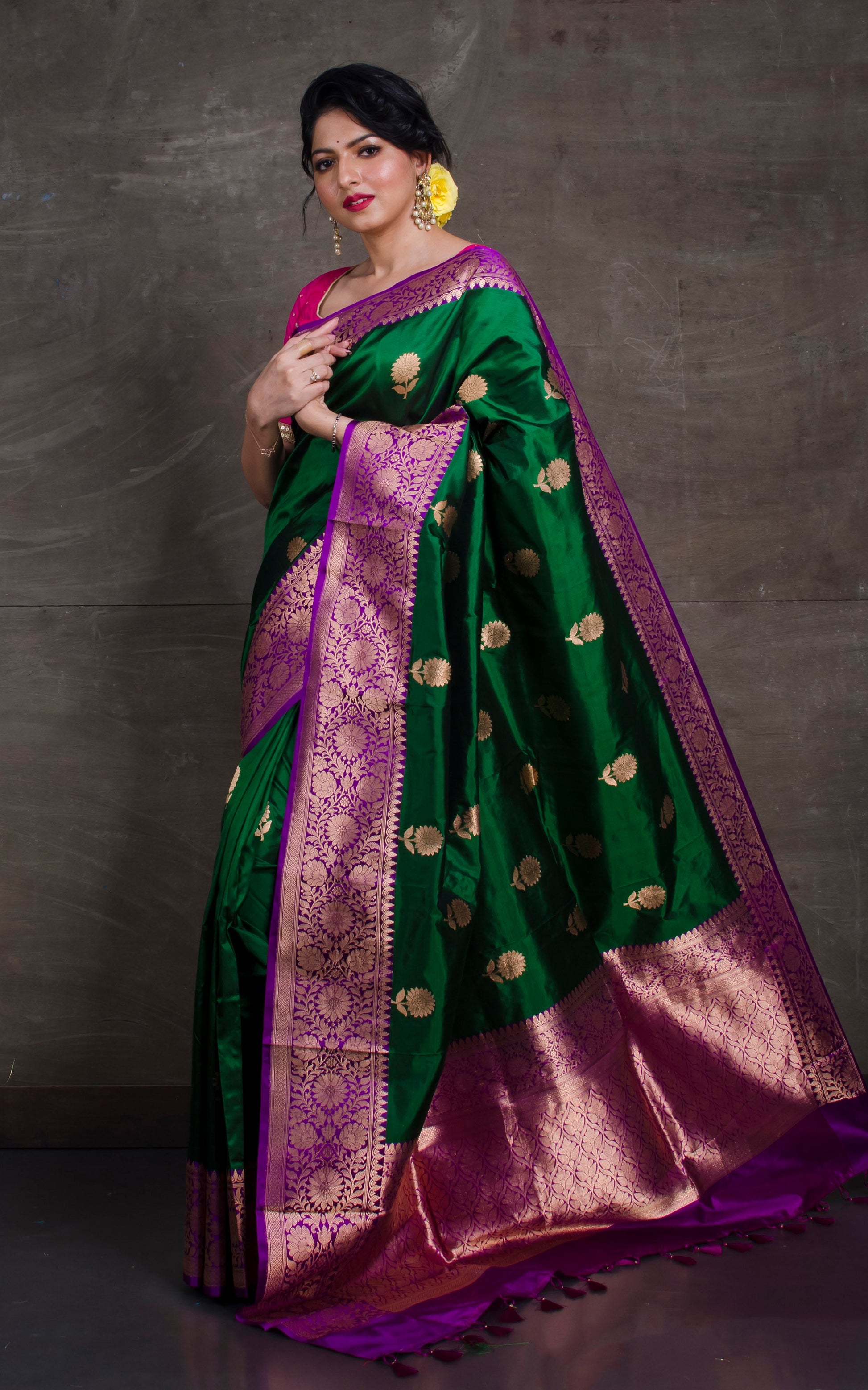 Pure Katan Banarasi Silk Saree in Pine Green and Purple