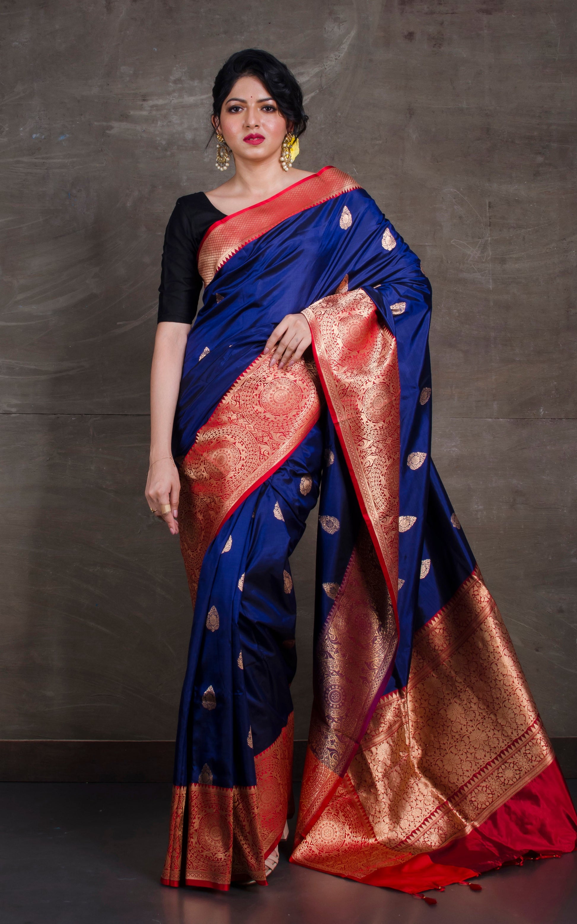 Pure Katan Banarasi Silk Saree in Admiral Blue and Red