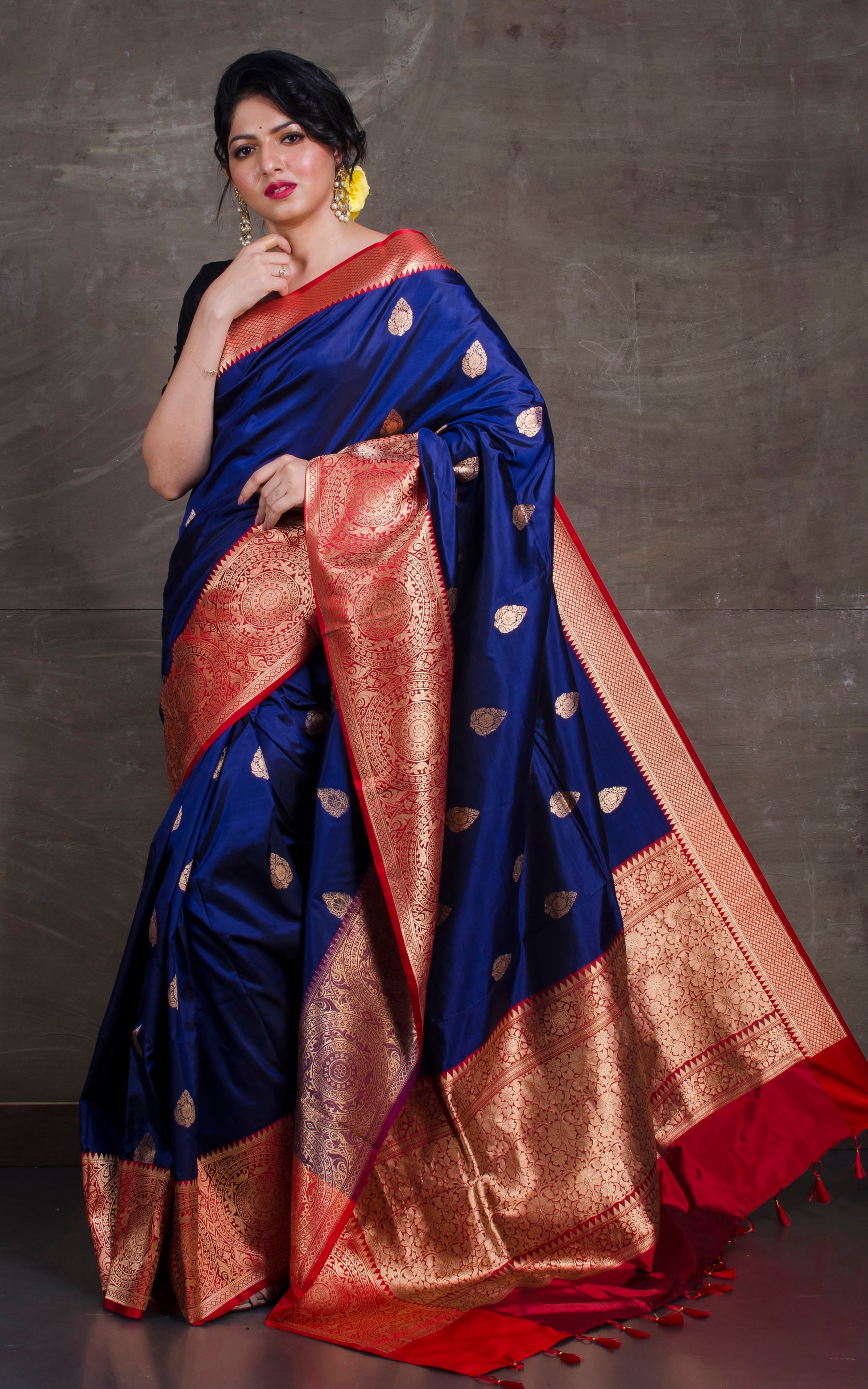 Pure Katan Banarasi Silk Saree in Admiral Blue and Red