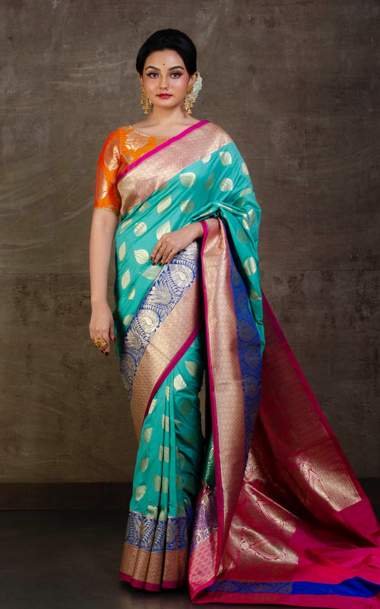 Soft Designer Semi Katan Silk Saree in Sea Green, Royal Blue and Hot Pink