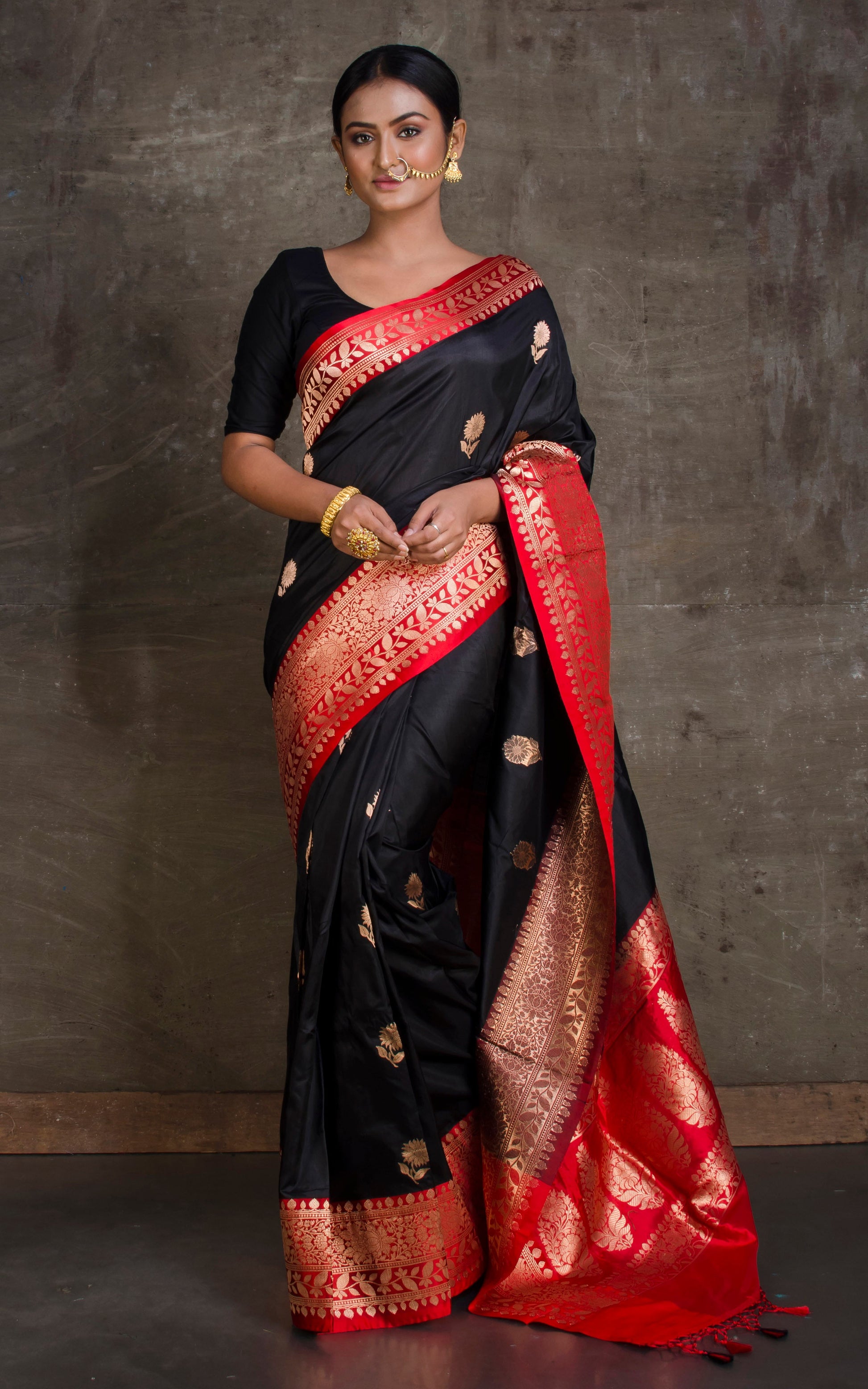 Pure Katan Banarasi Silk Saree in Black and Red