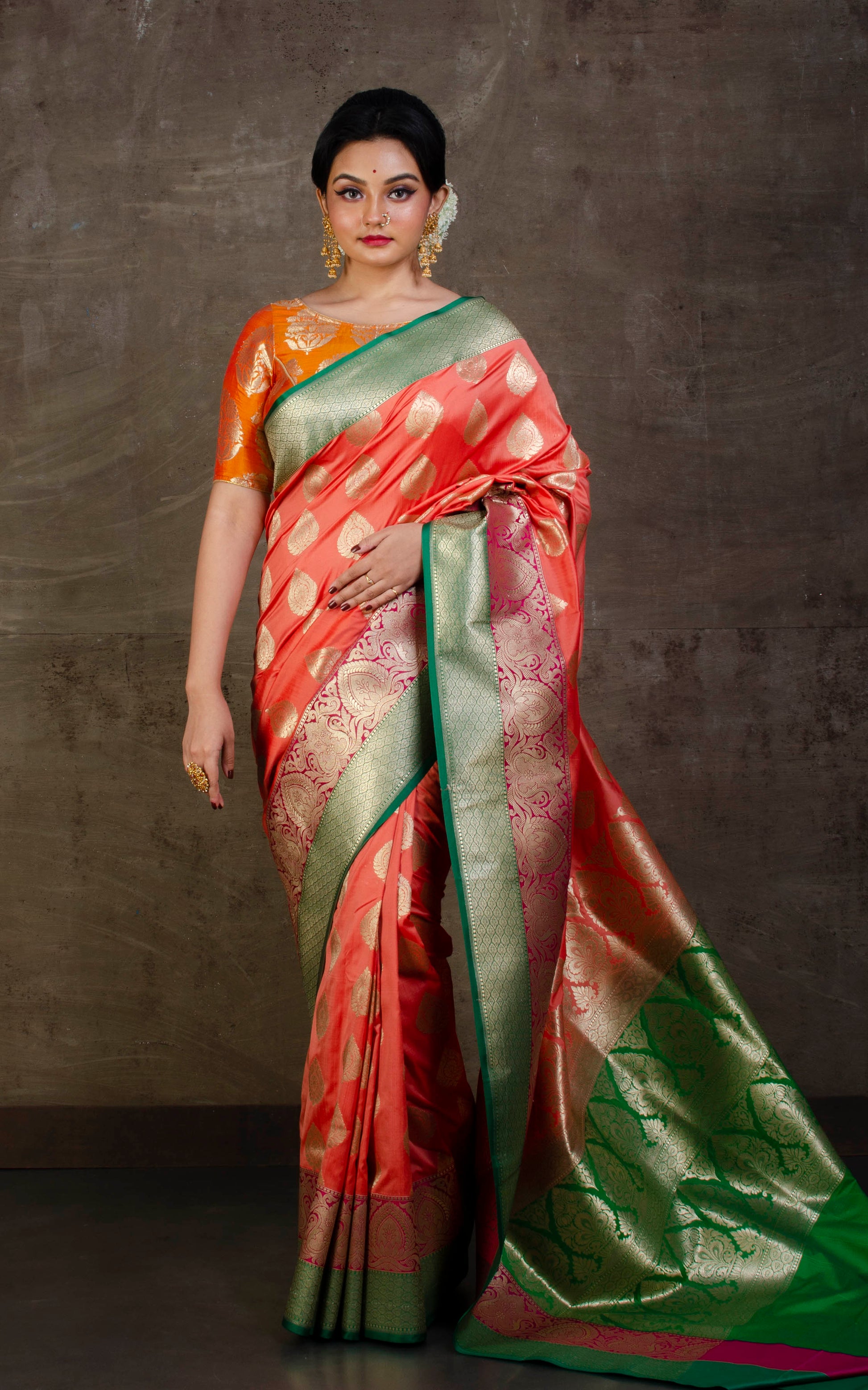 Soft Designer Semi Katan Silk Saree in Peach, Dark Pink and Green